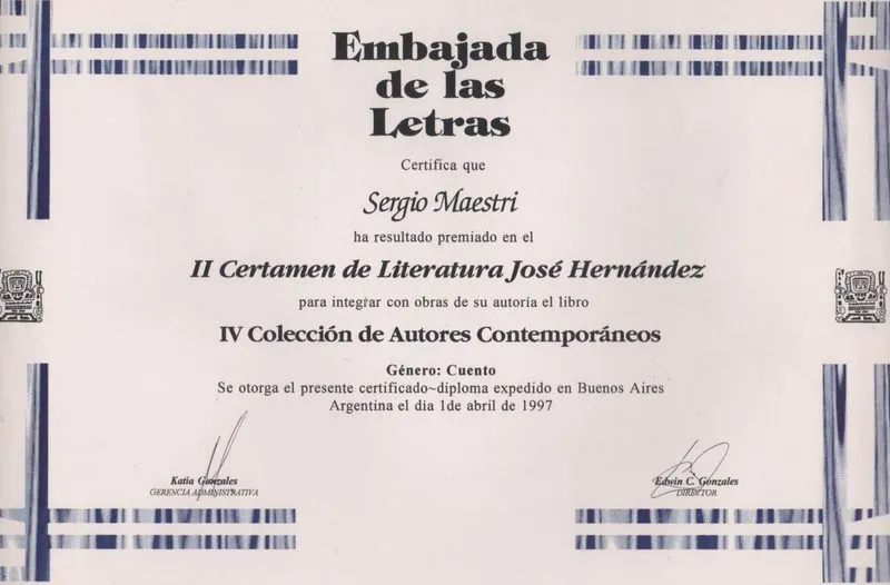 Diploma o distinción recibida por Sergio Maestri